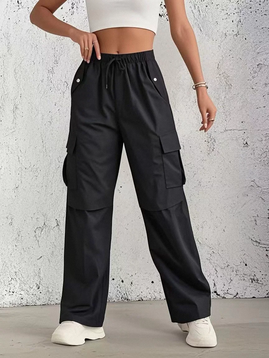 Elastic Drawstring Wide Leg Pants Multi Cargo Pockets Metal Button Flap Casual Streetwear Full Length Trousers