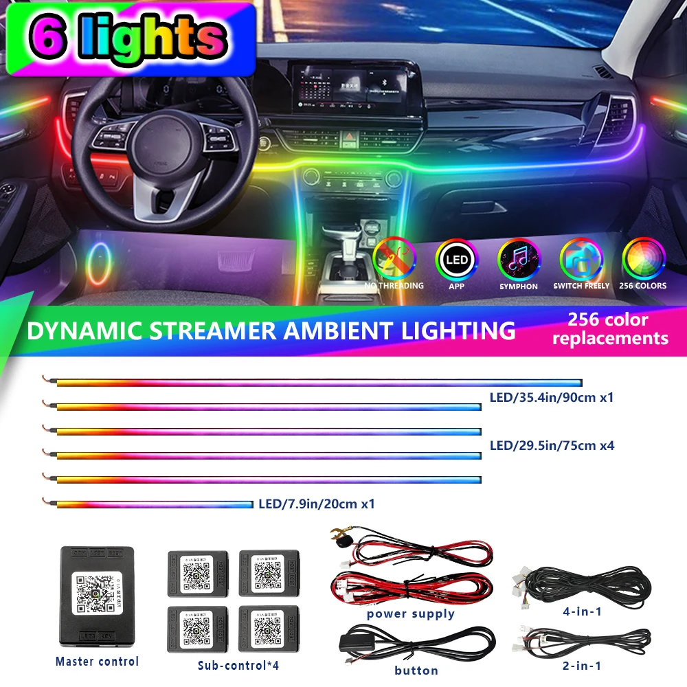 

Приложение для управления салоном автомобиля, 64 цвета, RGB окружающее освещение, светодиодная лента, акриловая направляющая, декоративная лампа, атмосфера