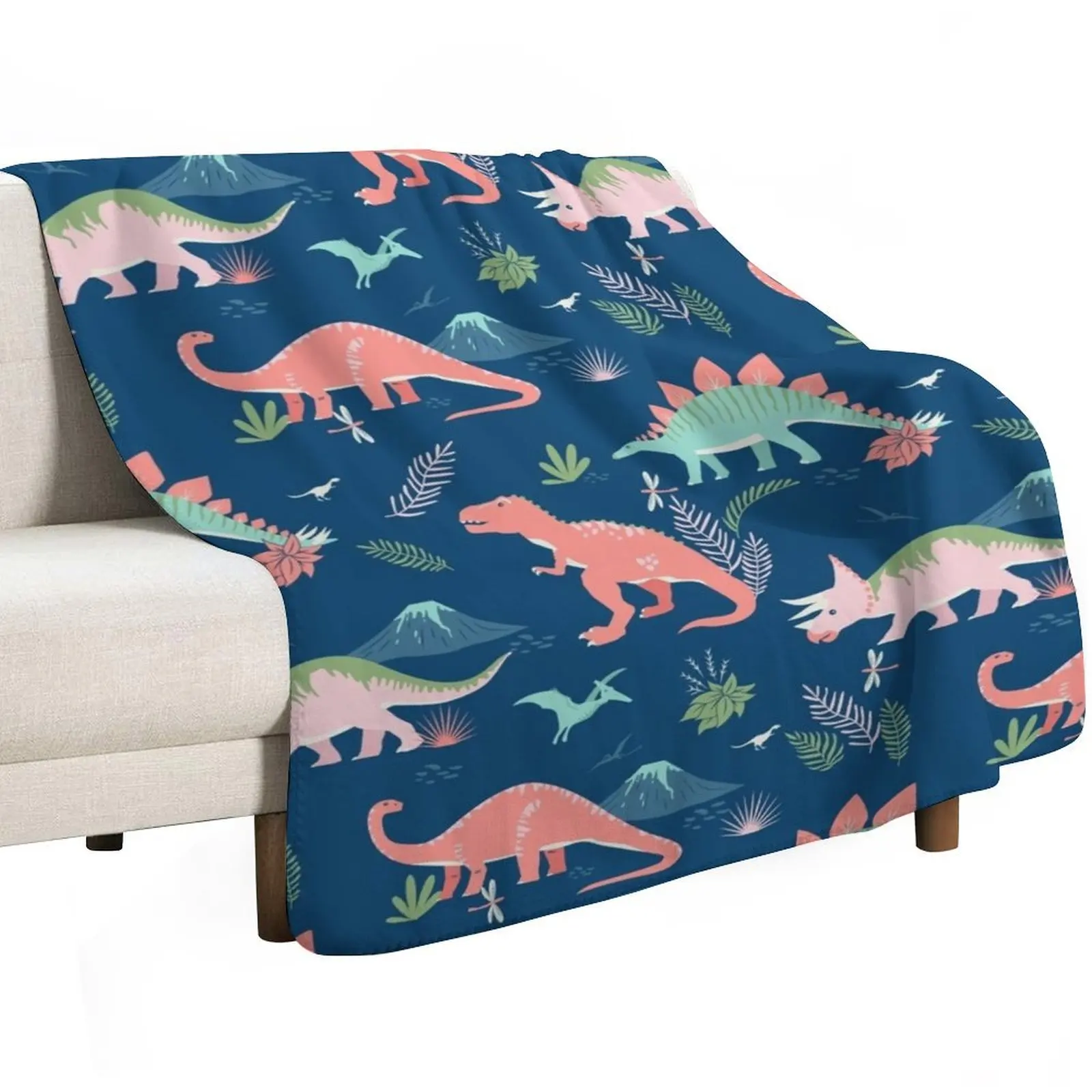 Jurassic Dinosaur in Blue + Coral Throw Blanket For Decorative Sofa Plaid on the sofa Single Large anime Beautifuls Blankets