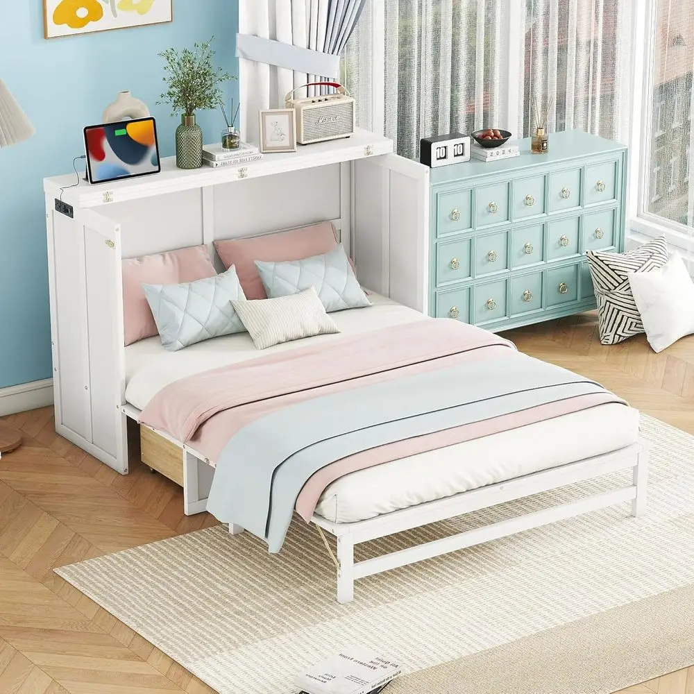 

Ball & Cast ull Size Murphy Bed W/Storage Der,Murphy Bed Cabinet W/ 2 USB Port & Power Outlets,Hidden oldable Wall Bed e or Home