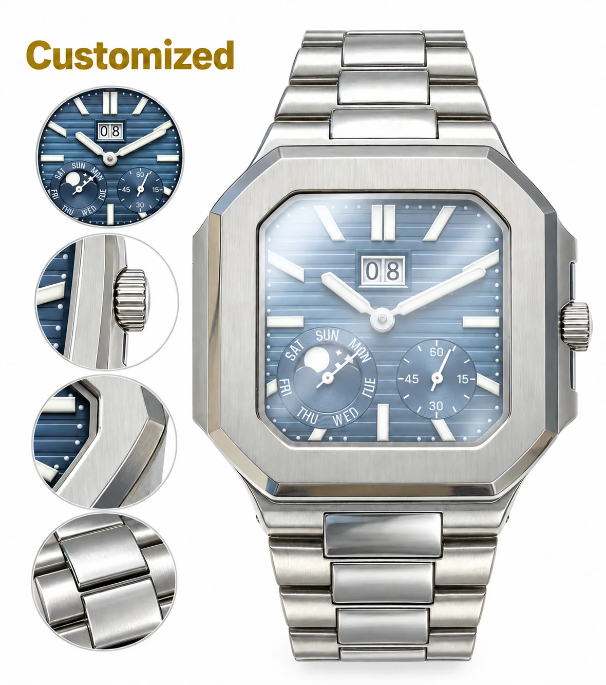 Customized Watches 41 mm Men's Automatic Mechanical Watch with 904L Stainless Steel Case, Full-Featured World Time