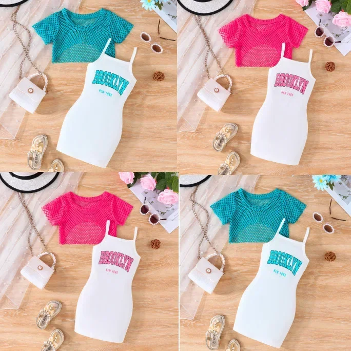 Summer Solid Color Net Short Sleeve + Printed Halter Dress Fashionable Hundred Summer Little Kids