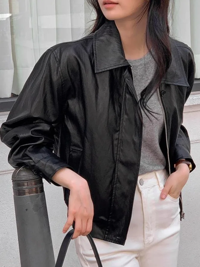 시크한 오토바이 가죽 재킷 여성용 2025 신상 슬림핏 소형 사이즈 패셔너블한 가을 아우터웨어 브랜드 없음...