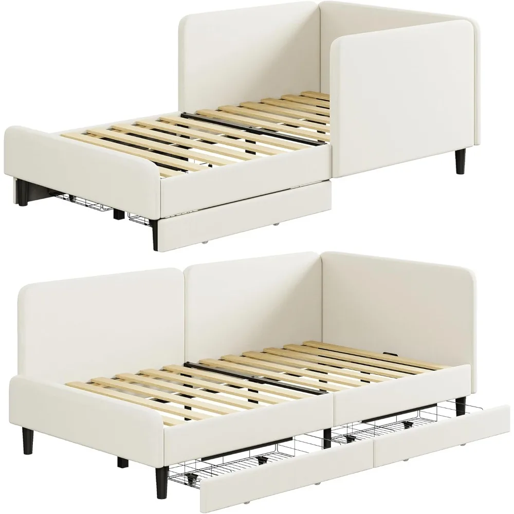 Espreguiçadeira Twin XL com cabeceira, estrutura de cama de canto com trilhos e gavetas de armazenamento, suporte sólido, para quarto de hóspedes, creme