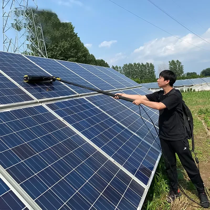 For Solar Panel Cleaning Machine Electric Rotating Double Head Roller Brush Water Fed Telescopic Pole Washer Outdoor Garden