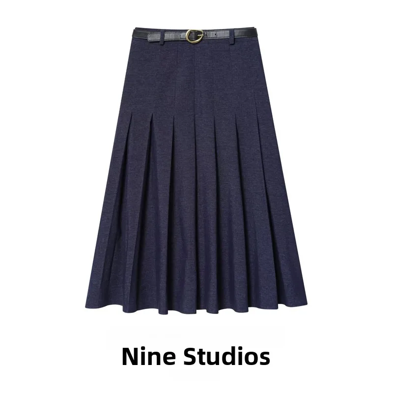 

Повседневная джинсовая юбка средней длины с высокой талией и поясом, женская юбка трапециевидной формы в европейском стиле, хлопковая полиэфирная ткань, сложенный дизайн