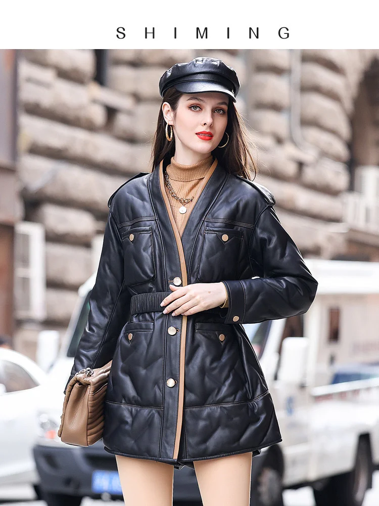 

2023 Winter Wear New Light and Thin Genuine Leather Down Coat Women's Mid Length Slim Fit V-neck Fashion Sheepskin Leather