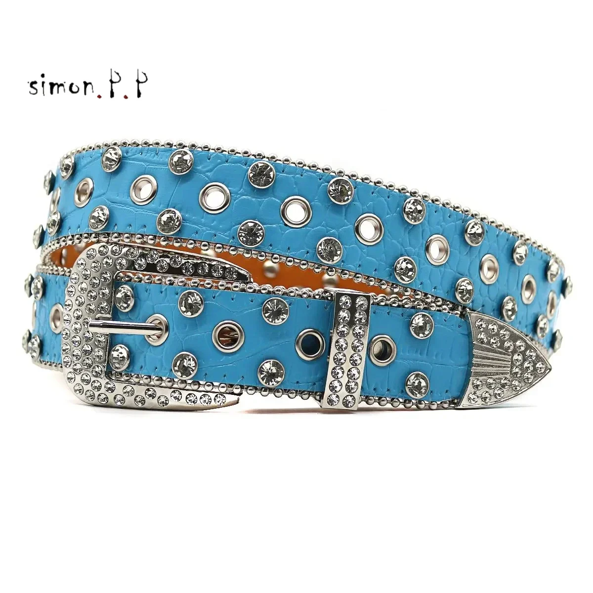 Shiny silver leather bb simon belts for women western rhinestone studded belt men vintage diamond buckle belt jeans waistbands