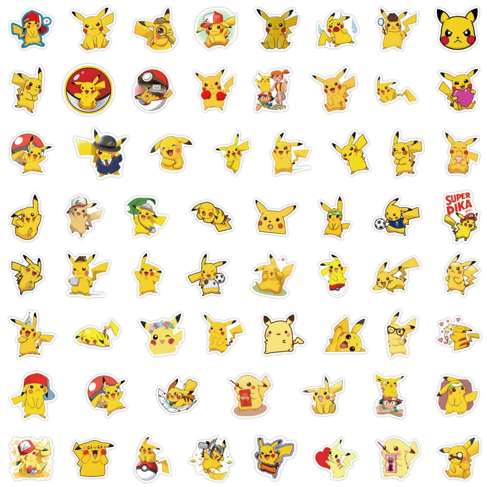 60Pcs Kawaii Pikachu Stickers Decals Motorcycle Phone Car Skateboard Laptop Aanime Pokemon Sticker Waterproof Classic Kid Toy