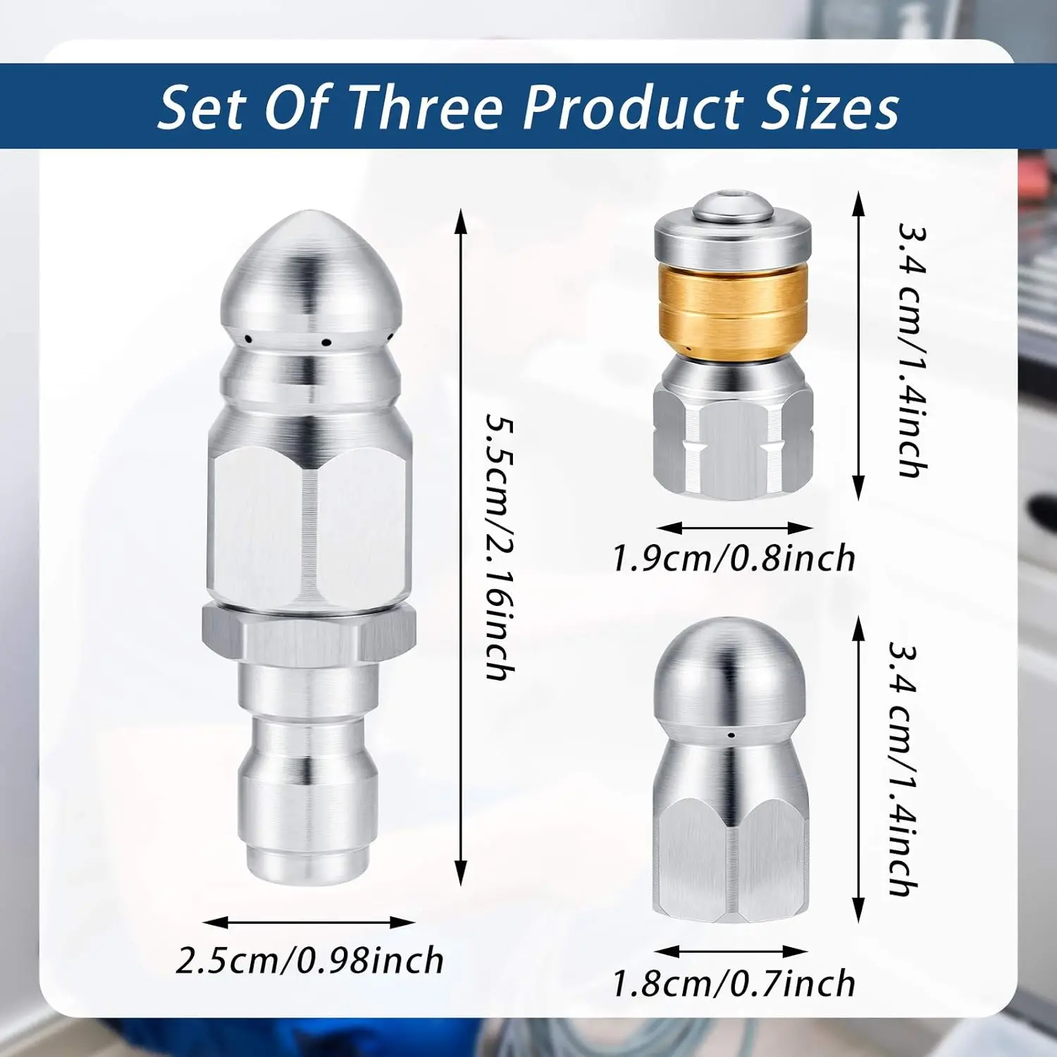 3-Piece Stainless Steel Pressure Washer Sewer Jet Nozzle Kit Rotating Button Nose 1/4