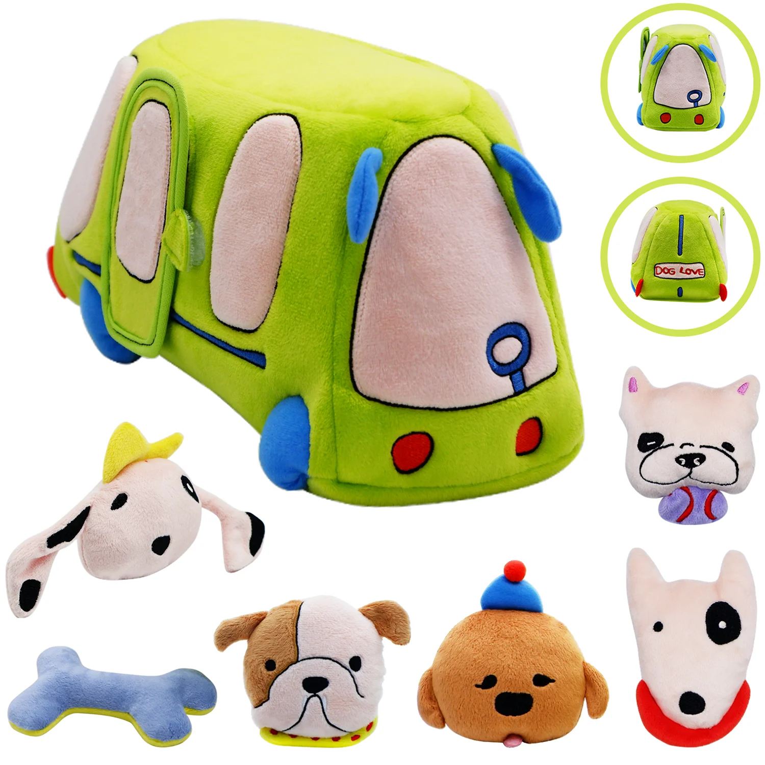 ألعاب مونتيسوري للأطفال بعمر 6 أشهر، حافلة ألعاب حسية مع جراء محشوة، خشخيشة، ورق مجعد، مرآة وصدر صوت #1