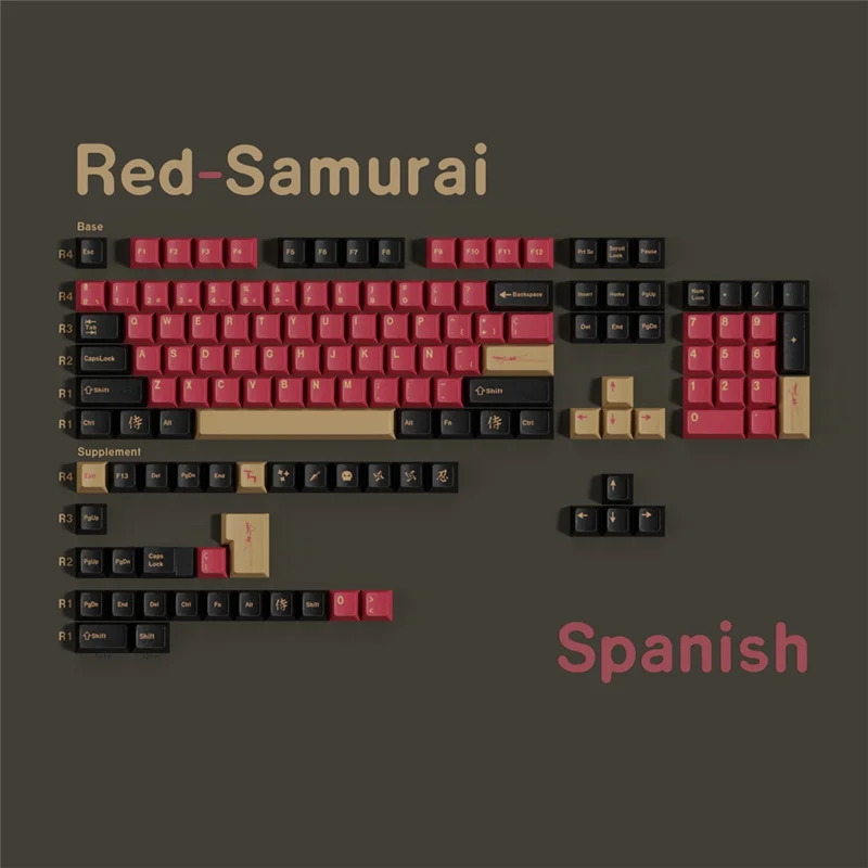 Zestaw klawiszy VO-Keycaps PBT Cherry Profile Red Samurai Big Set, klawisze hiszpańskie, francuskie, niemieckie, angielskie do klawiatur mechanicznych SPANI