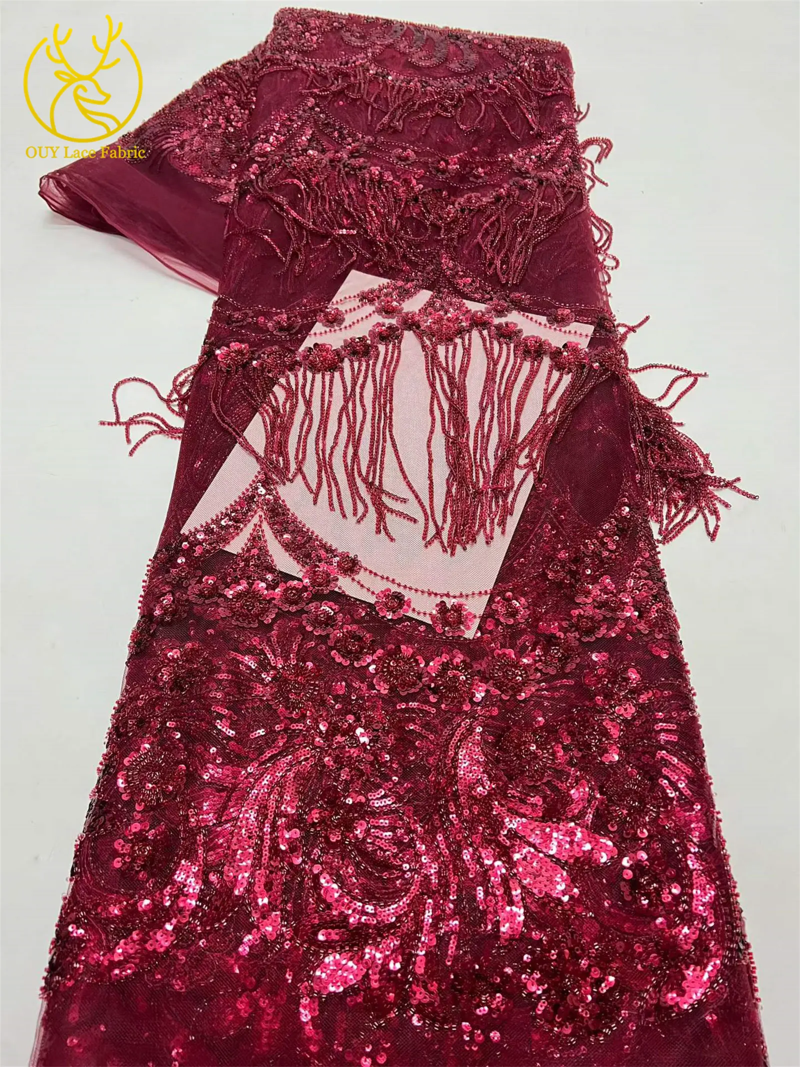 Afrikanischer 3D-Quasten-Perlen-Spitzenstoff 5 Yards Französischer Tüll Pailletten-Spitzenstoff Nigerianischer Netzspitzenstoff für Hochzeitskleider – Detail 13