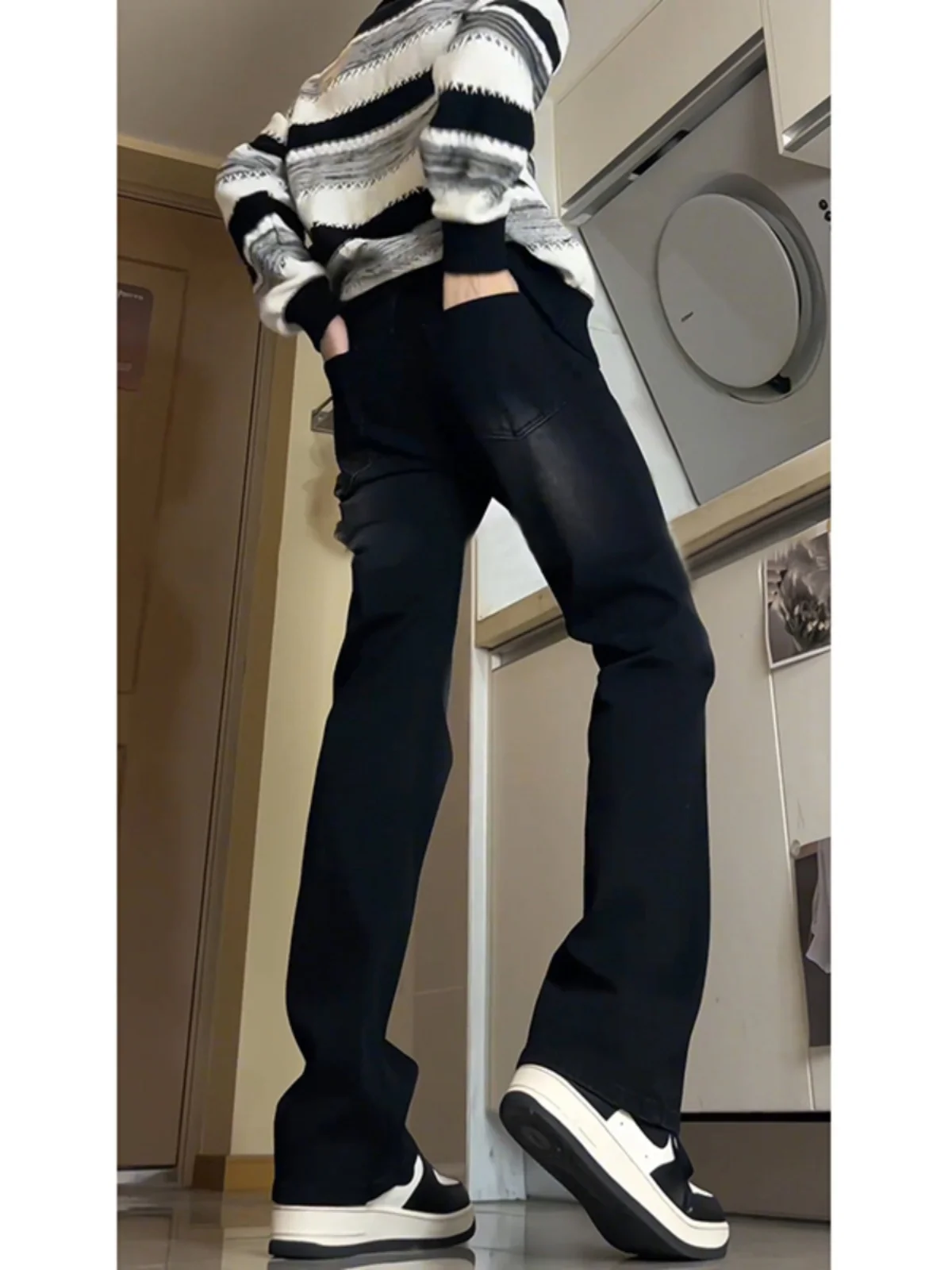

Bla Slim Fit Micro Flare Jeans Мужские винтажные утягивающие брюки с талией American High Street Прямые брюки-ножи