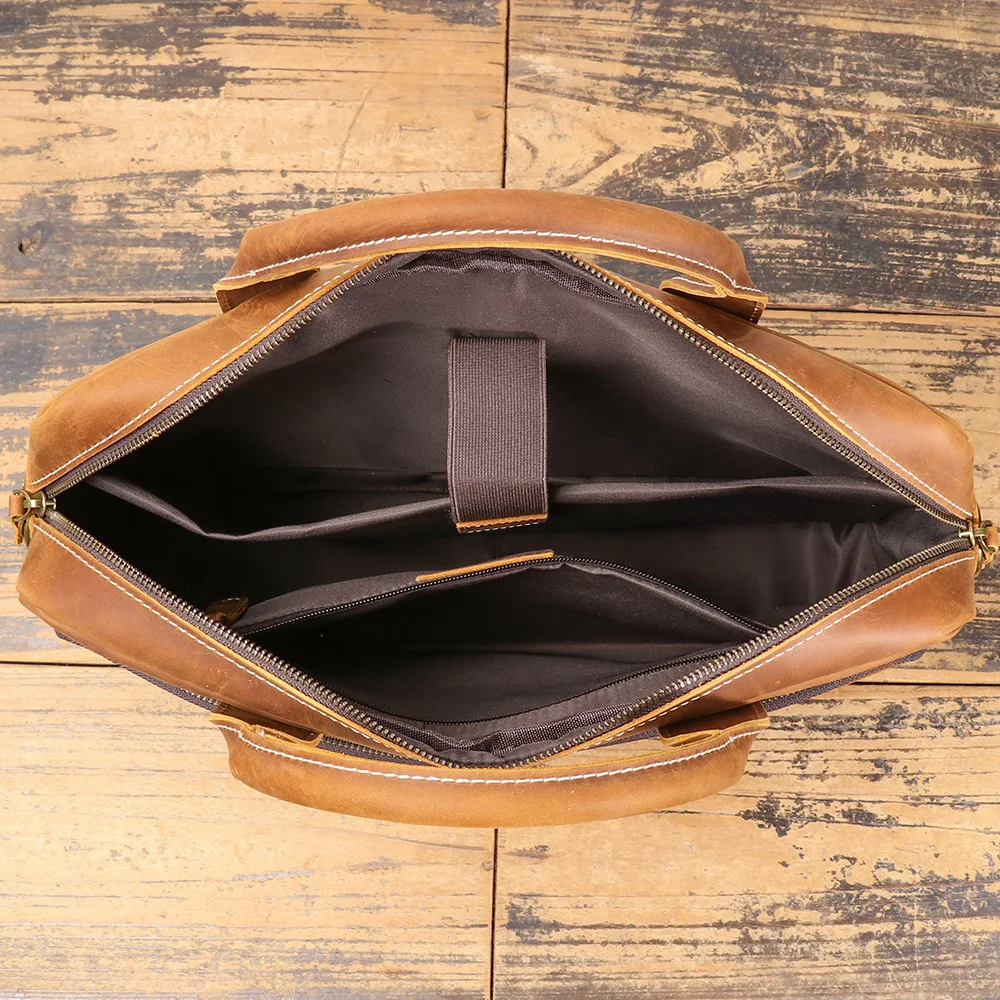Retro Crazy Horse Song Dance Show Leather Briefcase 40cm Business Notebook Bag Granular Genuine Leather Shoulder Bag Large Capacity 40X30X9Cm 1.7kg