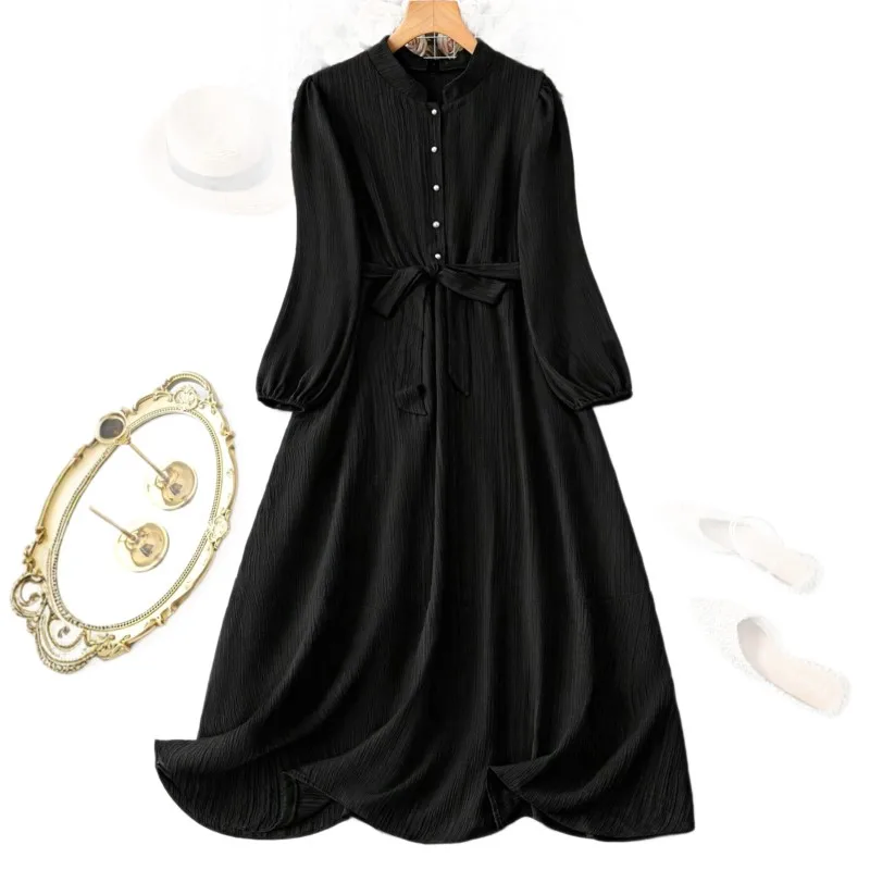 ボヘミアン風 レディース マキシ丈ワンピース 2025年新作 ブラック レースアップ ウエストマーク ロングスリーブ 上品でファッショナブルなプロムドレス 女性用 ローブ