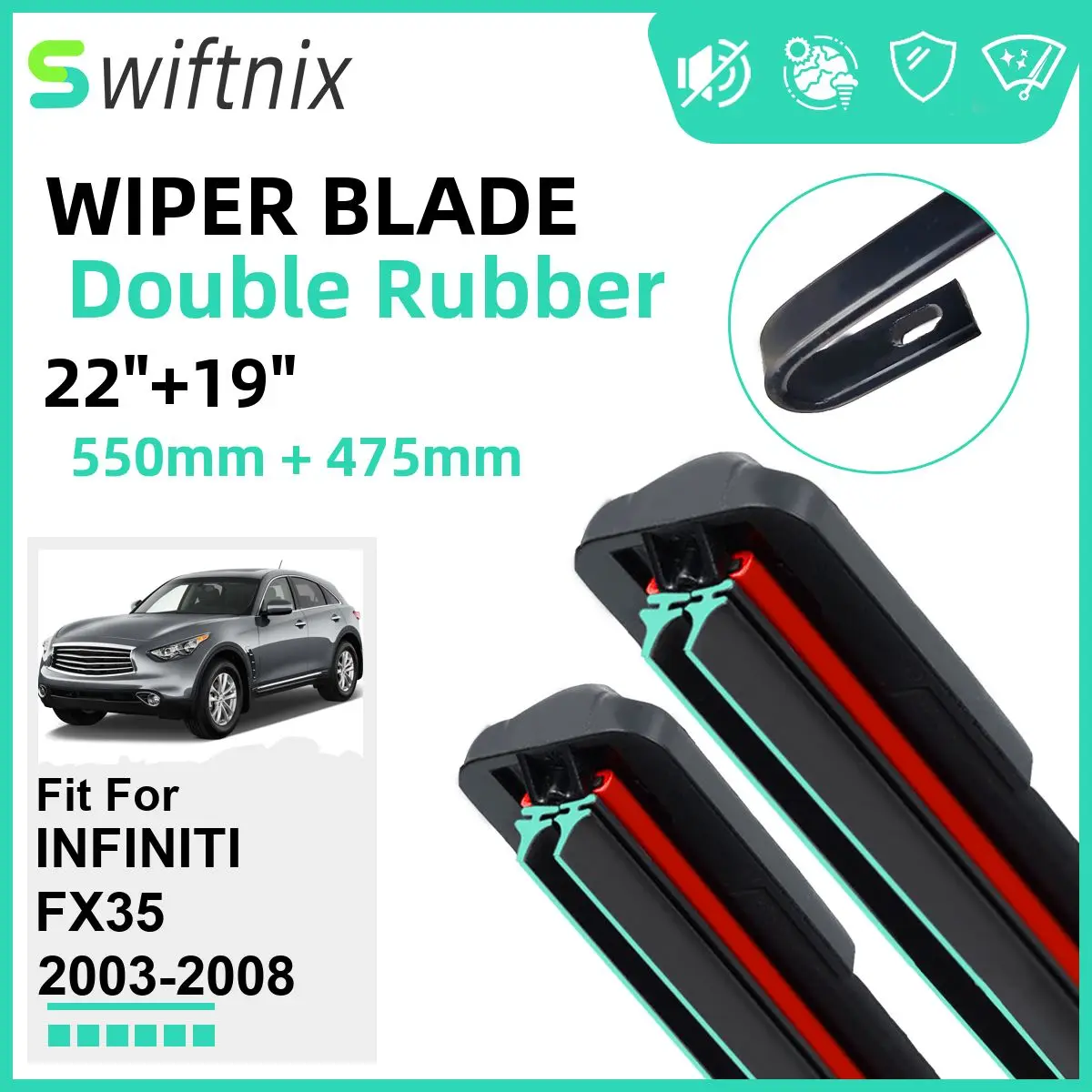 

Двойные резиновые автомобильные щетки стеклоочистителя для INFINITI FX35 2003-2008, переднее ветровое стекло, резиновые автомобильные аксессуары 2006 2007 2008