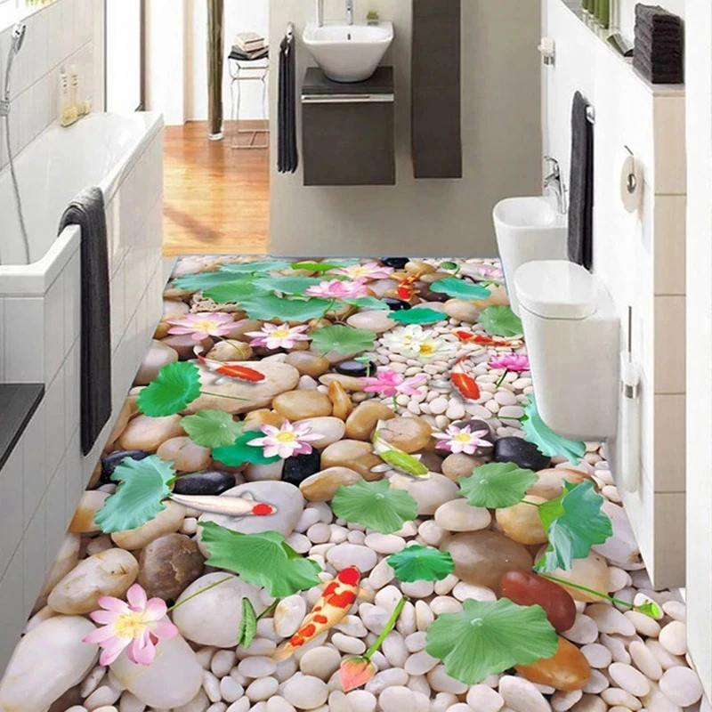 Custom 3D Photo Wallpaper Chinese Style Cobblestone Lotus Kitchen Living Room Bathroom Floor Self-adhesive Mural Waterproof