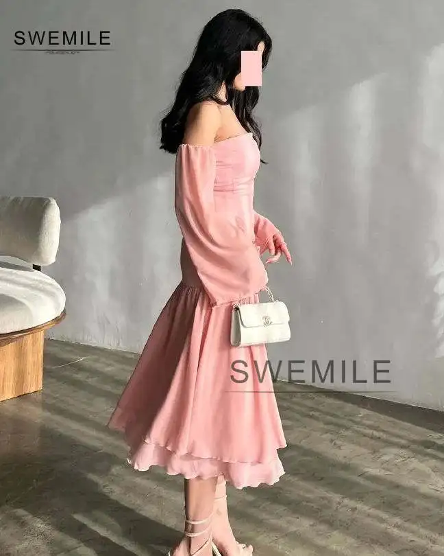 SWEMILE Evening Dresses A-Line Scoop Neckline Tea-Length Long Sleeves Chiffon Elegant And Beautiful Dresses For Women Vestidos