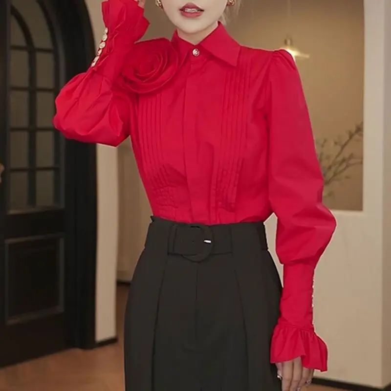 French  design three-dimensional rose red long-sleeved shirt women's 2025 spring foreign style high-end temperament top