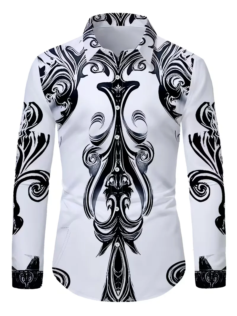 New men's long sleeved button up shirt with 3D puzzle printed flower pattern casual fashion top for men