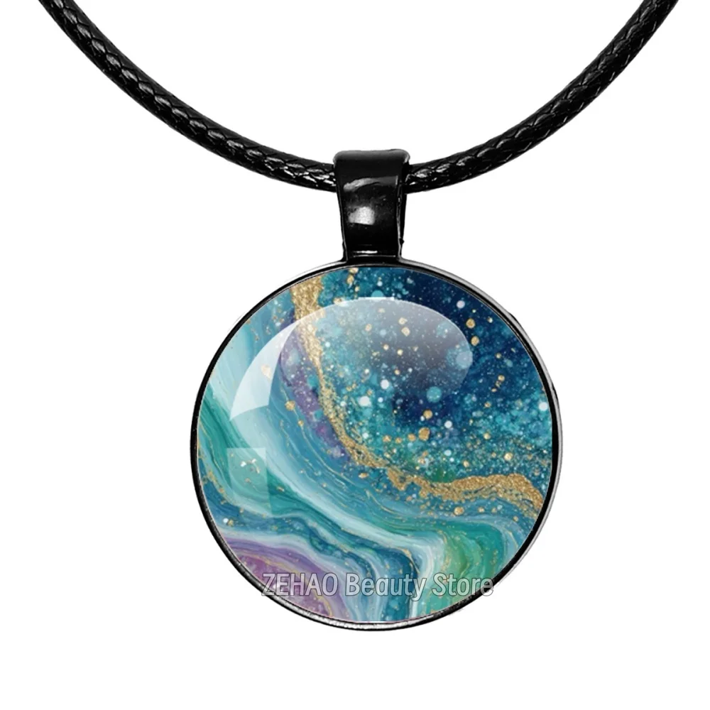 25mm Black Leather Rope Necklace Vortex Oil Painting Series Flowers, Rainbows, Seawater Glass Cabochon Pendant Jewelry GiftJD001