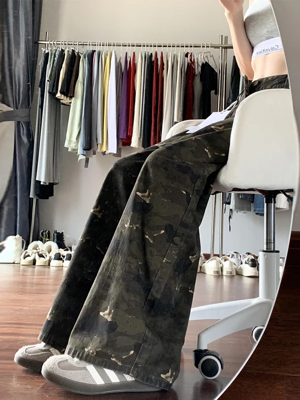 

High Waist American Style Workwear Pants Camouflage Denim Women's plus Size Straight Leg Wide Leg Trousers Autumn Winter New ...