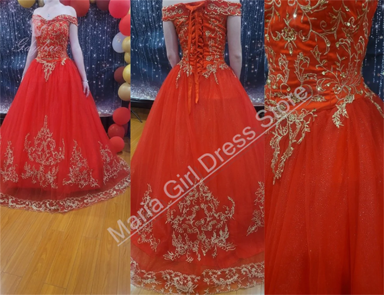 

Girl Elegant Party Dresses 2025 Wedding Birthday Dress With Red Lace-up Off-shoulder Sleeves Party Videography Customizable