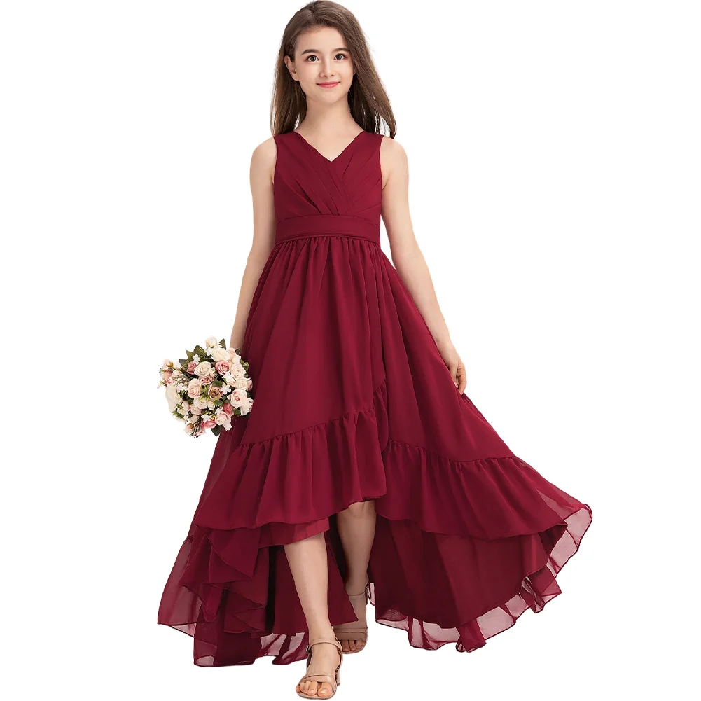 Шифоновое платье трапециевидной формы с V-образным вырезом для подружек невесты, платье с цветочным узором для девочек, асимметричное плиссированное платье без рукавов для причастия, свадьбы для девочек