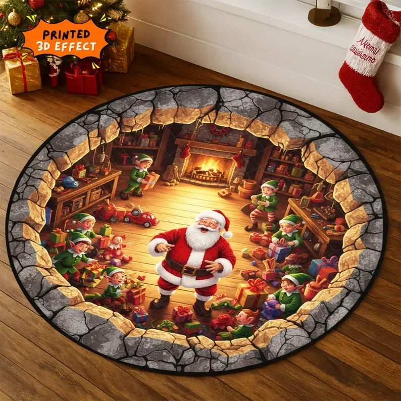 3D Christmas Round Rug – Quilted Tree Skirt with Cozy Library Design, Festive Holiday Home Decor