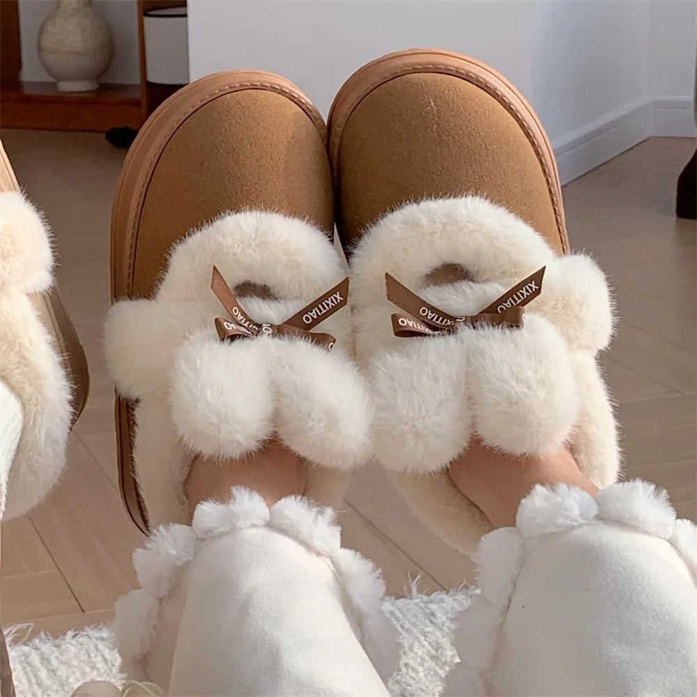 

Snow Boots Women Bowknot Cotton Shoes Thick Platform Ankle Boots for Women Fur Warm Ankle Plush Warm Snow Boots stiefeletten
