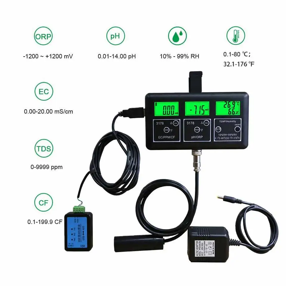 Multi-Function RS485 Sensor ORP PH EC TDS Air Temperature Humidity Sensor for Water Quality Monitoring