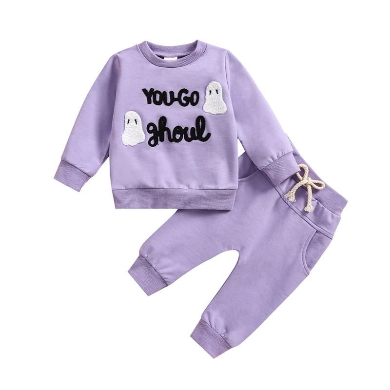 

Little Girls 2PCS Halloween Sets Long Sleeve O Neck Letter Ghost Embroidery Tops Drawstring Pants