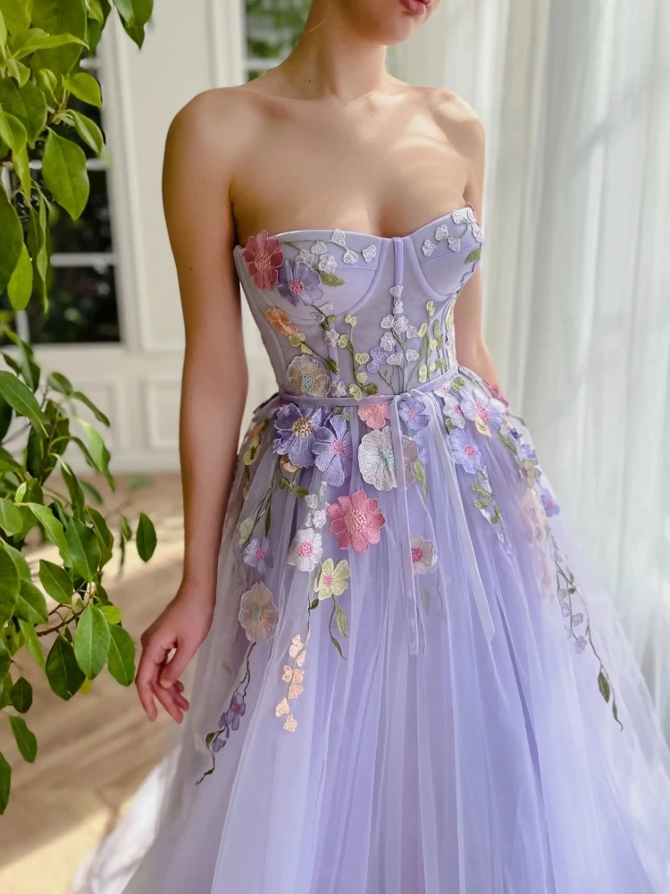 

A1265 Quality Lilac Prom Dresses Long Sweetheart Flower Tulle Women Formal Evening Dress Wedding Guest Party Gown Customized