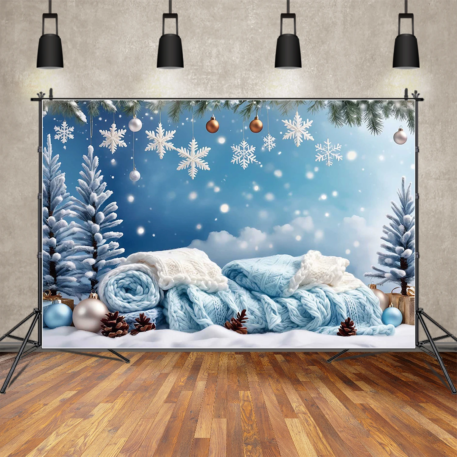 MOON.QG Winter Scenery Christmas Photography Backdrops Snowflake Clouds Snow Pine Tree Photozone Backgrounds Home Studio Props