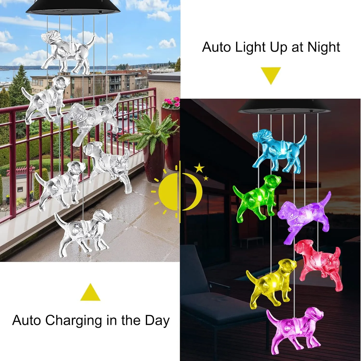 LED Solar Wind Chime cute dogWind Chime Light Color change impermeabile Hanging Solar Light per giardino di casa, decorazione esterna