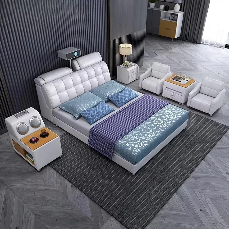 Modern Smart 1.8m King Leather Bed Leisure Modern Tatami Storage Multifunctional Master Bedroom with Projector
