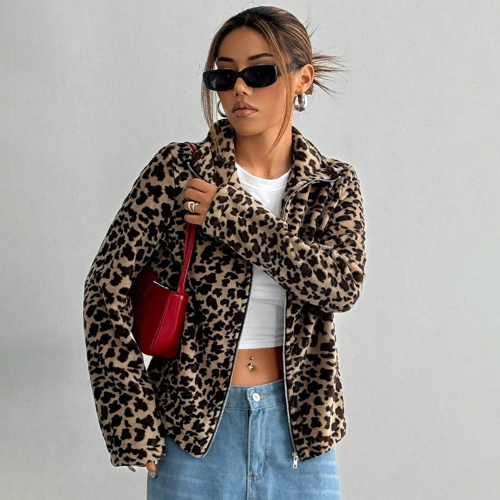 IG Women Leopard Print Stand Collar Zip-Up Fuzzy Jacket, Long Sleeve Warm Fluffy Short Coat, Winter Casual Street Outerwear