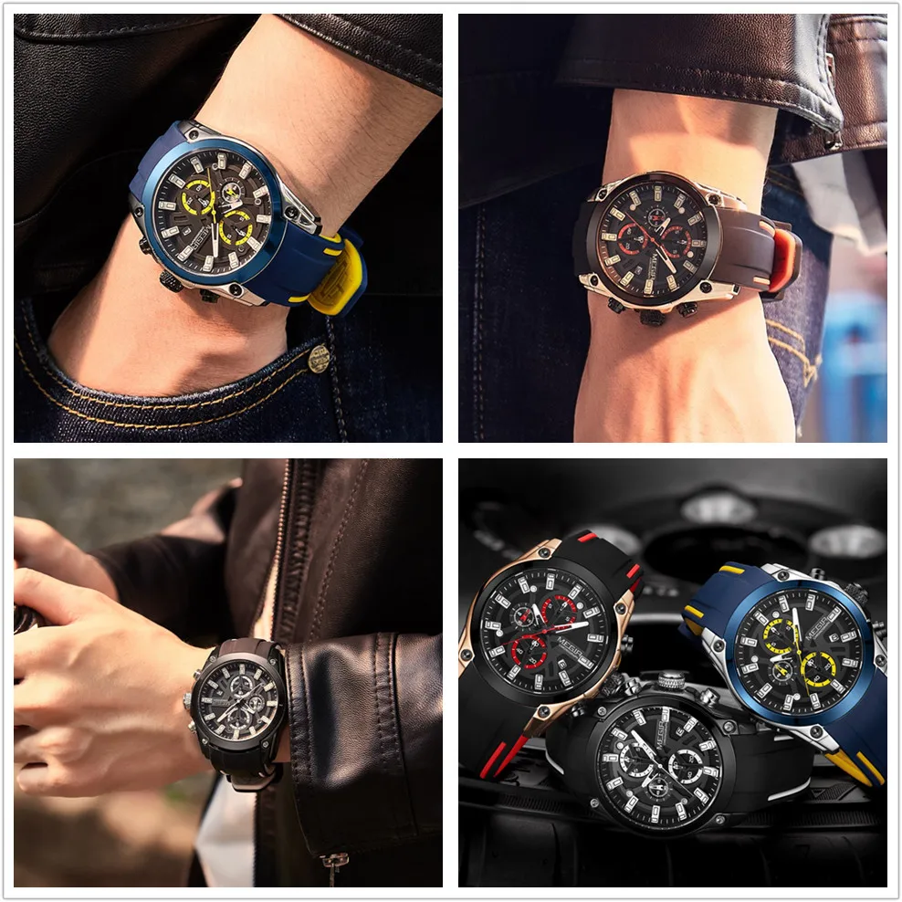 MEGIR Original Blue Sport Watch for Men Luxury Chronograph Wristwatch Military Quartz Clock Luminous Big Dial Reloj Hombre 2144