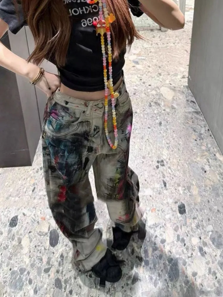 Hip Hop Vintage Graffiti Print Persönlichkeit Jeans Frauen High Street Gerade Hosen Lose Fit Neue Weibliche Casual Denim Hosen