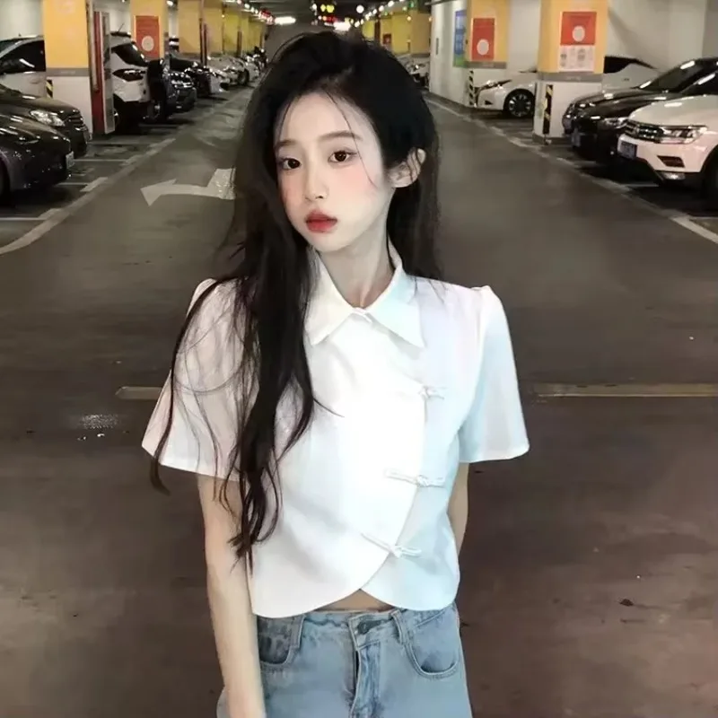 

Temperament Ladies Tops Blouse for Women Short Sleeve Vintage Summer Shirts Blusas De Mujer Korean Irregular White Blouses