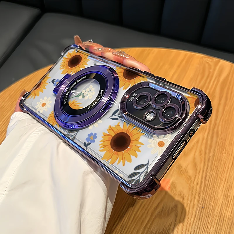 

Plating Phone Case For OPPO A60 A57 A55 A54 4G A54S A77 A77S A76 A74 A73 A72 A58 5G Shockproof Stand Holder Sunflower Cover