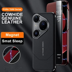 Luxury Genuine Leather Flip Cover For Huawei PURA 70 80 PRO Case Original plating Magnetic Smart Touch View Wake Sleep Up Cover