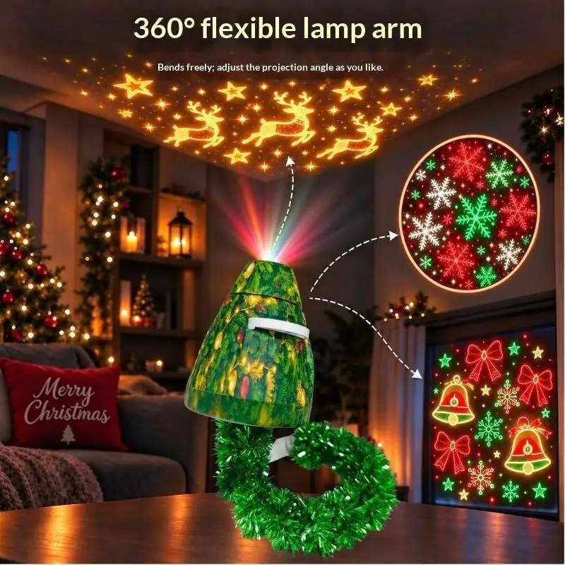 Christmas Projector Light USB Powered Christmas Night Lights With 6 Holiday Patterns Flexible Tree Lamp For Bedroom Ceiling