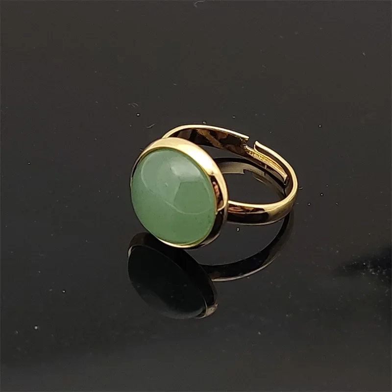 12mm Round Gold Alloy Healing Natural Stone Ring Tiger Eye Opal Pink Crystal Adjustable Joint Ring for Women Jewelry