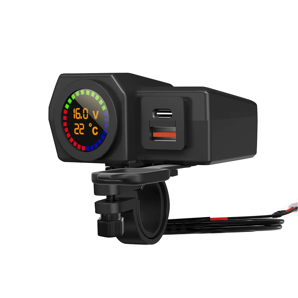 Professional Motorcycle Charger with Color Screen Temperature Dual USB Type-C Bracket Car Chargers Power Adapter Outlet