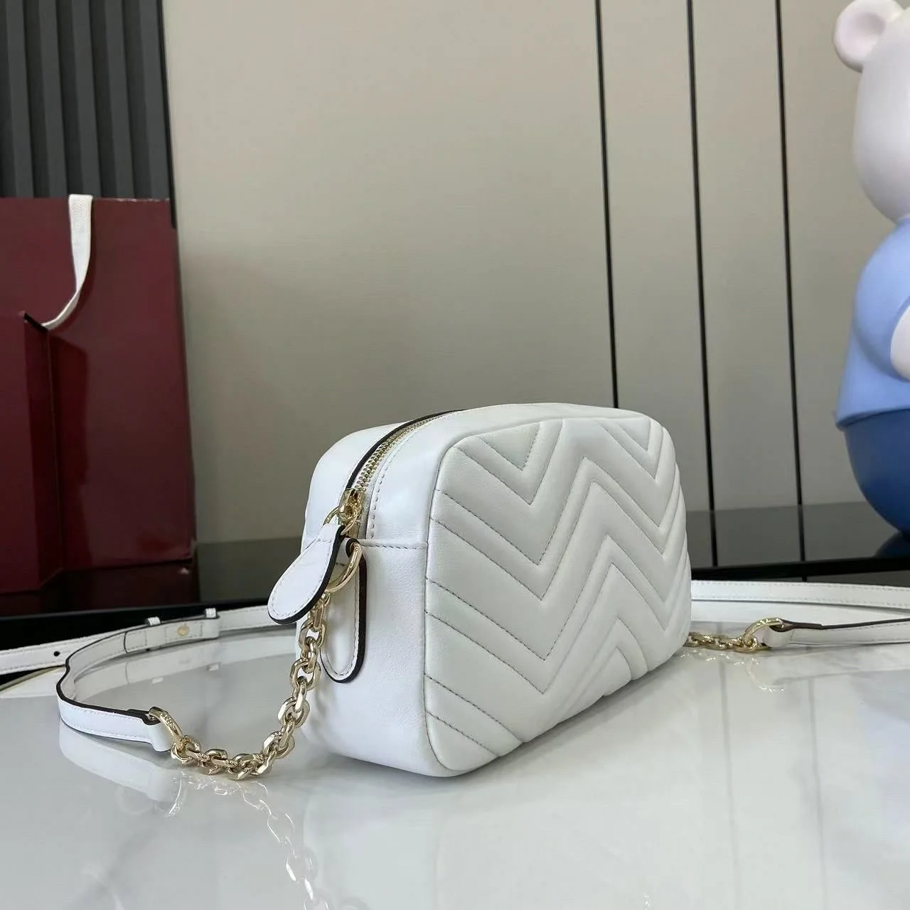 White Chevron Quilted Camera Bag, Luxury Multi-Way Shoulder Handbag