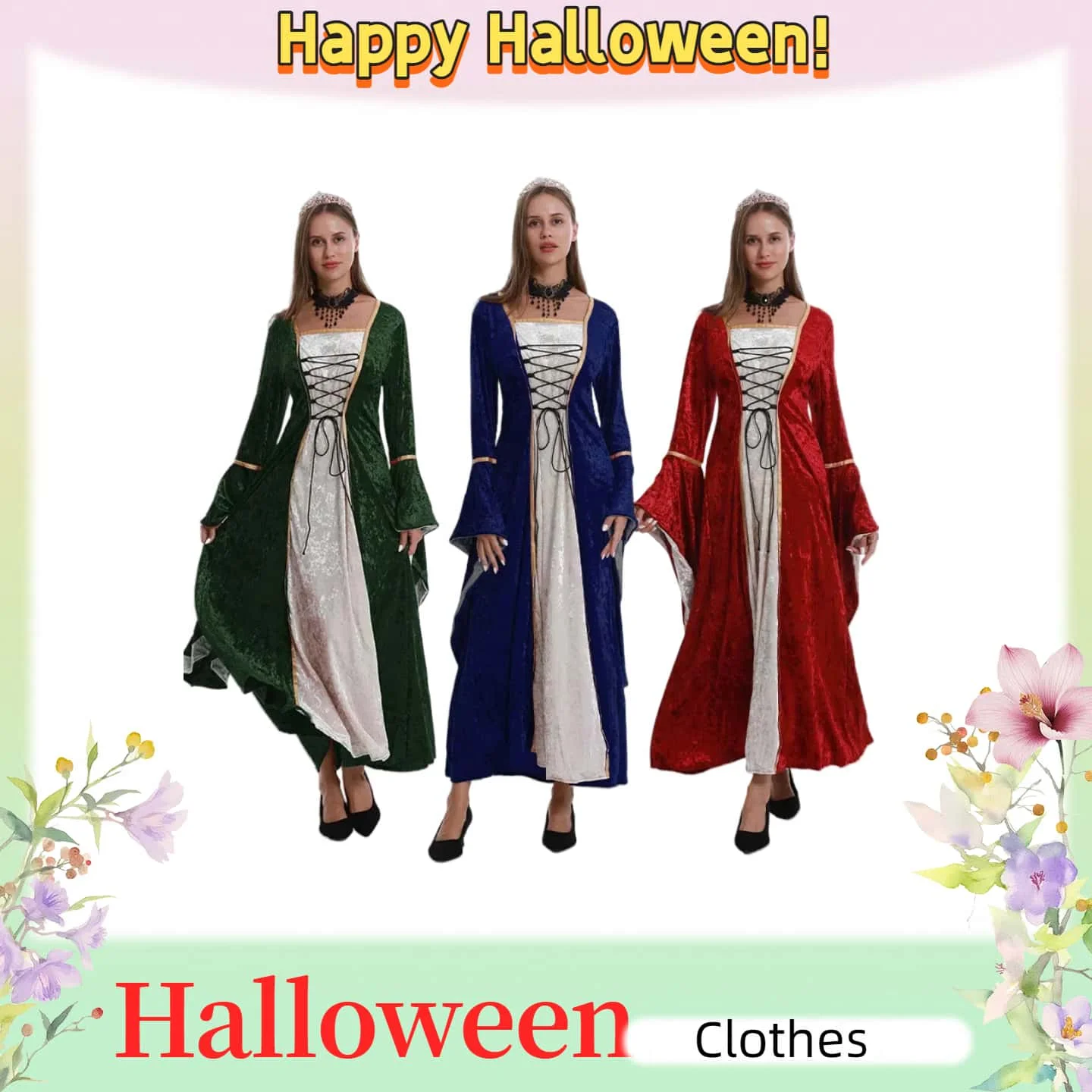 فستان محكمة نسائي من العصور الوسطى الأوروبية والأمريكية بأكمام طويلة ورباط على الخصر، زي المسرح #1