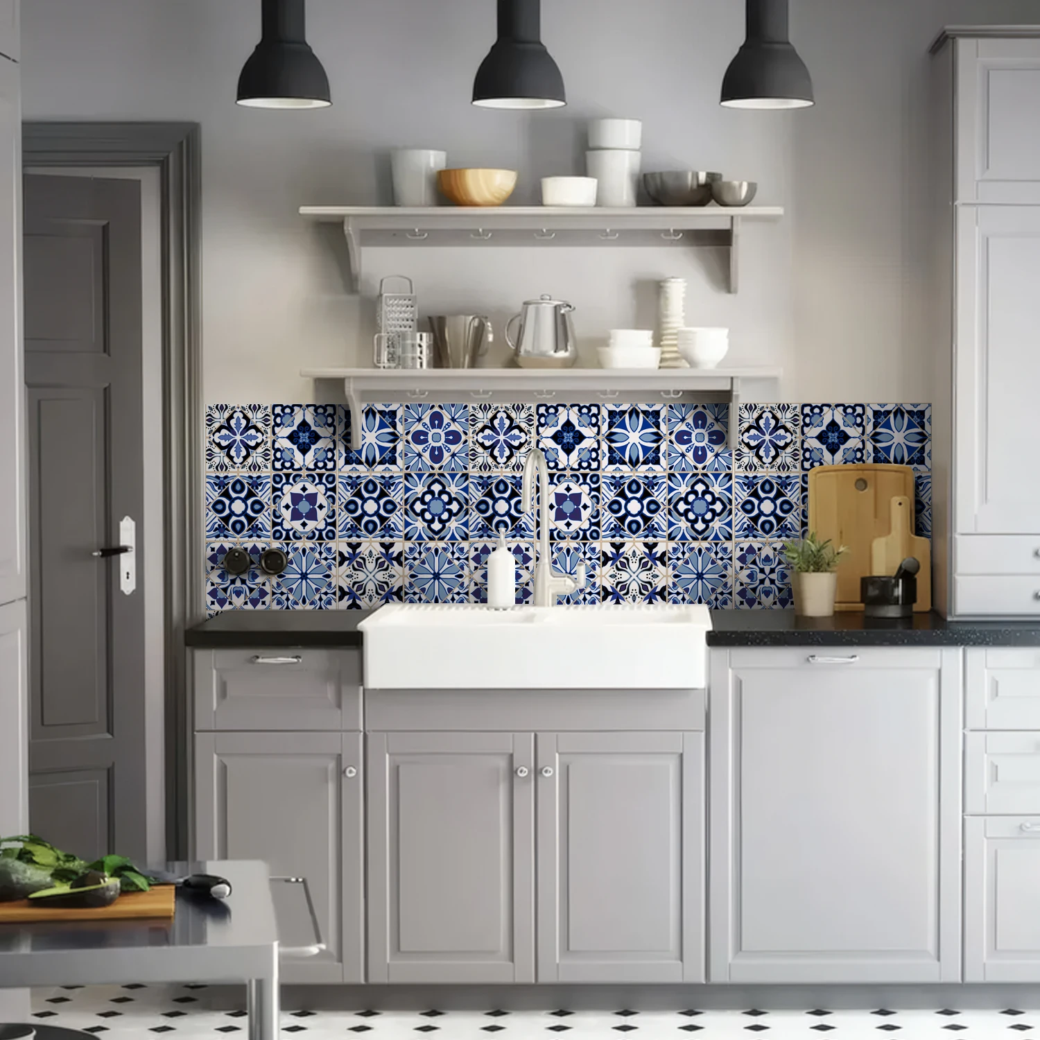 24Pcs Retro Tile Wall Stickers Set - Morandi Gray Brown Floral Geometric Decals for Kitchen Bathroom Living Room Home Decor