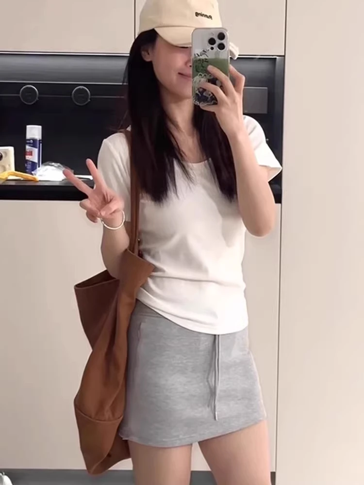 Korean Style White U-Neck Slim Fit Short Sleeve T-Shirt Women's Summer Versatile Weight Loss Half Sleeve Top Commute Style